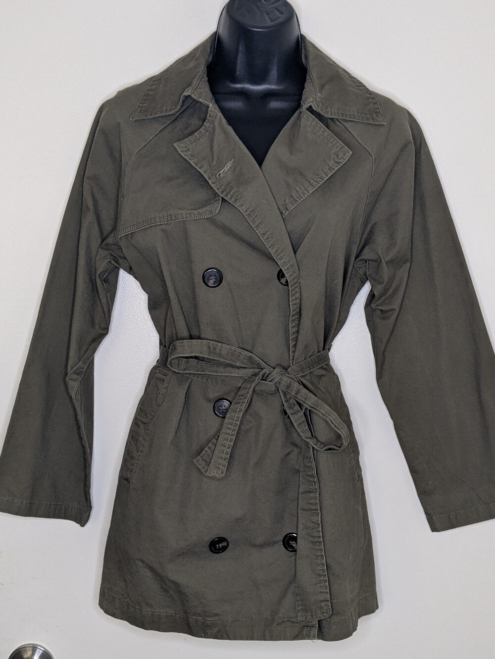 Love Tree Olive Green Double Breasted Trench Coat Jacket Belted Women's Size Med